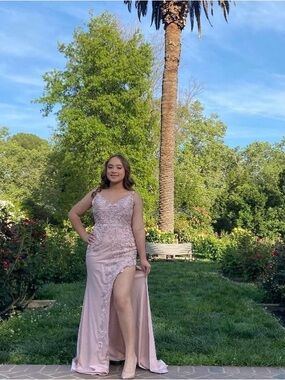 Cinderella Blush Pink Lace Prom Dress with High Slit